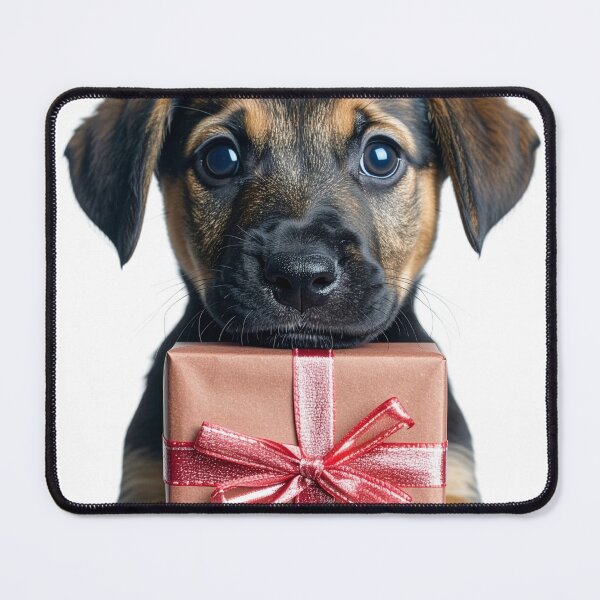 Item preview, Cute Black and Tan Puppy Holding Bronze Gift Box Sticker - Realistic Rottweiler German Shepherd Mix Portrait - Festive Shimmering Red Ribbon Clipart Print designed and sold by WildGentlemen.