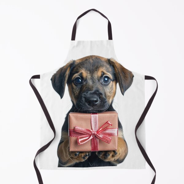 Item preview, Cute Black and Tan Puppy Holding Bronze Gift Box Sticker - Realistic Rottweiler German Shepherd Mix Portrait - Festive Shimmering Red Ribbon Clipart Print designed and sold by WildGentlemen.