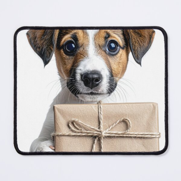 Item preview, Cute Jack Russell Puppy Holding Jute Twine Kraft Gift Box Sticker - Realistic Beagle Terrier Mix Dog Portrait - Eco Friendly Holiday Clipart Print designed and sold by WildGentlemen.