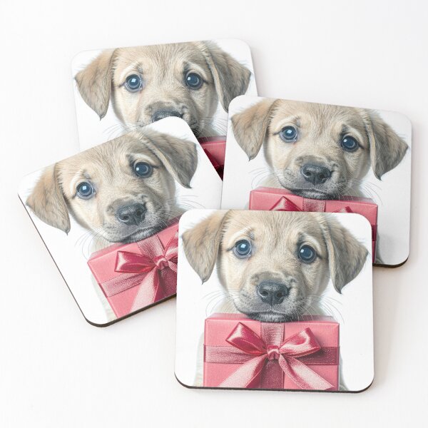 Item preview, Cute Puppy Holding Pink Gift Box Sticker - Realistic Fawn Dog Portrait - Romantic Valentine Mother's Day Satin Bow Pet Clipart Print designed and sold by WildGentlemen.