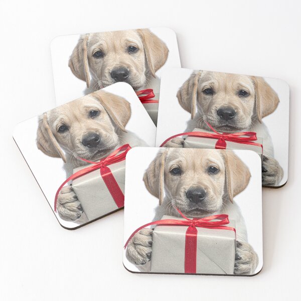 Item preview, Cute Yellow Lab Puppy Holding Kraft Gift Box Sticker - Realistic Golden Retriever Dog Portrait - Classic Christmas Clipart Red Bow Art designed and sold by WildGentlemen.