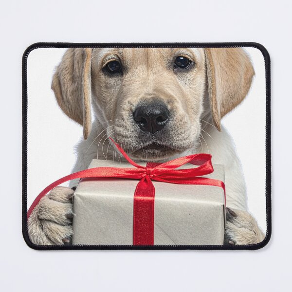Item preview, Cute Yellow Lab Puppy Holding Kraft Gift Box Sticker - Realistic Golden Retriever Dog Portrait - Classic Christmas Clipart Red Bow Art designed and sold by WildGentlemen.