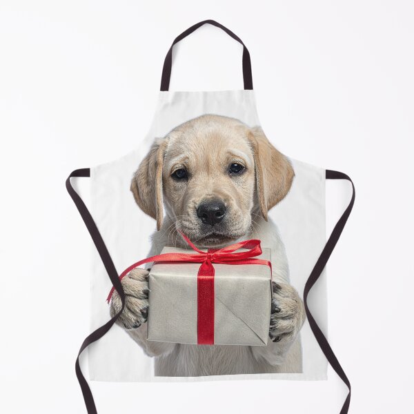 Item preview, Cute Yellow Lab Puppy Holding Kraft Gift Box Sticker - Realistic Golden Retriever Dog Portrait - Classic Christmas Clipart Red Bow Art designed and sold by WildGentlemen.