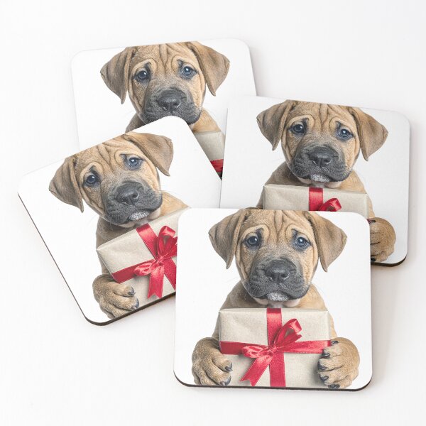 Item preview, Cute Wrinkly Puppy Holding Kraft Gift Box Sticker - Realistic Fawn Mastiff Dog Portrait - Holiday Red Ribbon Clipart Print designed and sold by WildGentlemen.