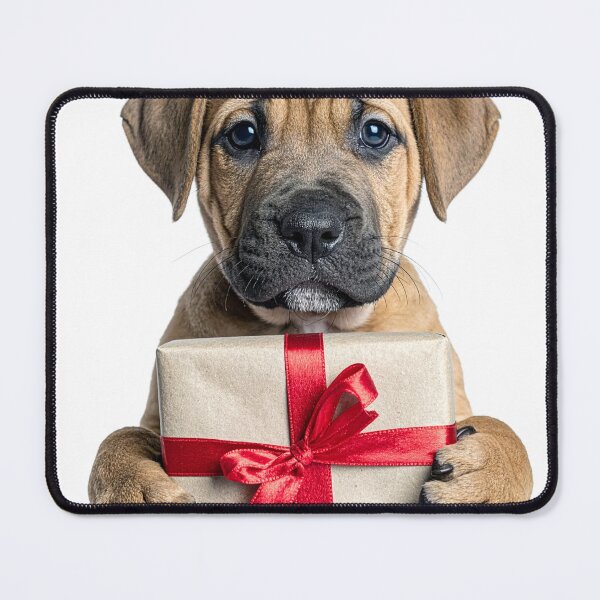 Item preview, Cute Wrinkly Puppy Holding Kraft Gift Box Sticker - Realistic Fawn Mastiff Dog Portrait - Holiday Red Ribbon Clipart Print designed and sold by WildGentlemen.