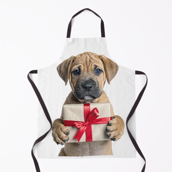 Item preview, Cute Wrinkly Puppy Holding Kraft Gift Box Sticker - Realistic Fawn Mastiff Dog Portrait - Holiday Red Ribbon Clipart Print designed and sold by WildGentlemen.