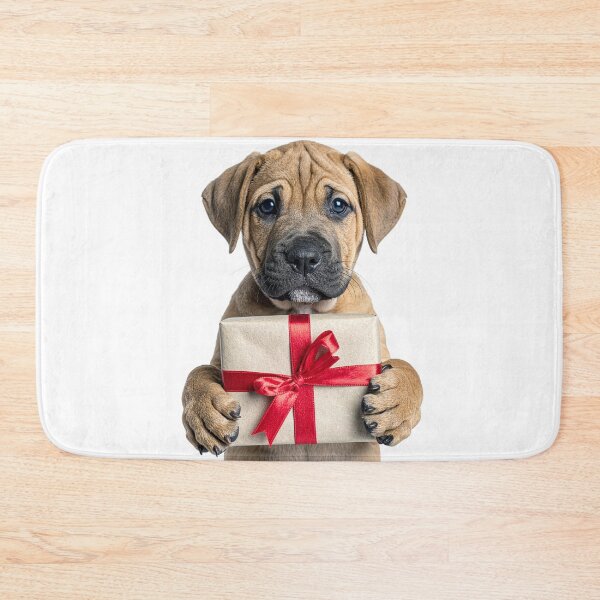Item preview, Cute Wrinkly Puppy Holding Kraft Gift Box Sticker - Realistic Fawn Mastiff Dog Portrait - Holiday Red Ribbon Clipart Print designed and sold by WildGentlemen.