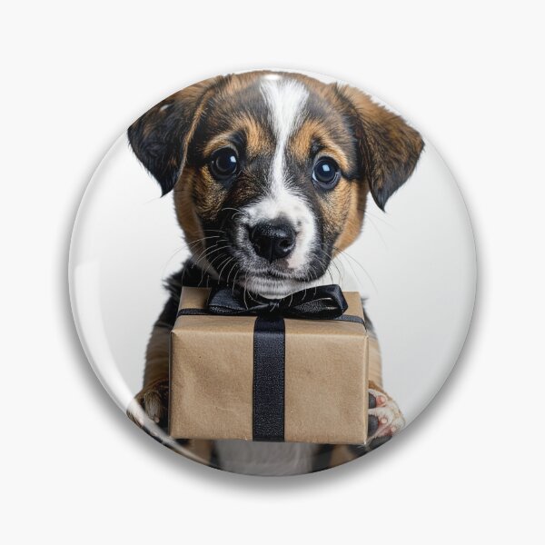 Item preview, Modern Puppy with Kraft Gift Box Sticker - Realistic Tricolor Dog Portrait - Elegant Black Ribbon Bow Holiday Clipart Print designed and sold by WildGentlemen.