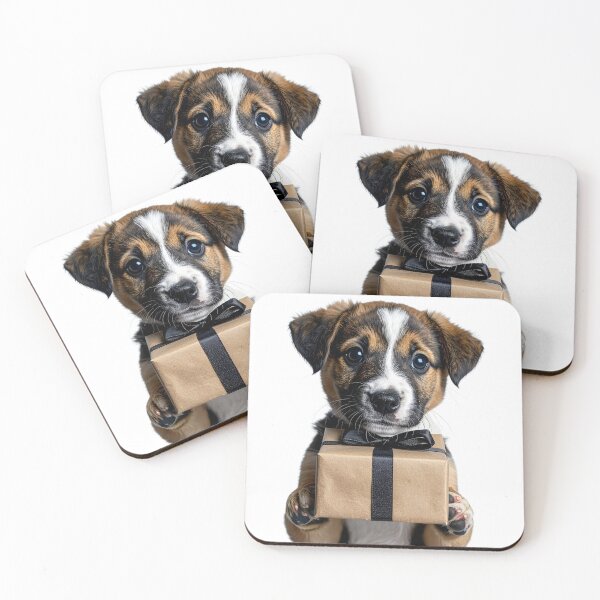 Item preview, Modern Puppy with Kraft Gift Box Sticker - Realistic Tricolor Dog Portrait - Elegant Black Ribbon Bow Holiday Clipart Print designed and sold by WildGentlemen.