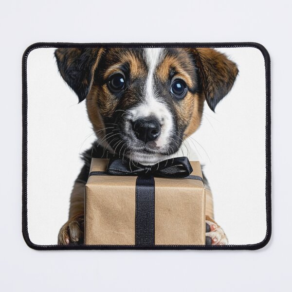Item preview, Modern Puppy with Kraft Gift Box Sticker - Realistic Tricolor Dog Portrait - Elegant Black Ribbon Bow Holiday Clipart Print designed and sold by WildGentlemen.