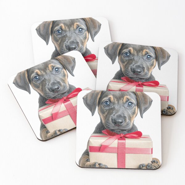 Item preview, Cute Puppy Holding Kraft Gift Box Sticker - Realistic Black and Tan Dog Portrait - Rustic Christmas Clipart Red Ribbon Bow Art designed and sold by WildGentlemen.