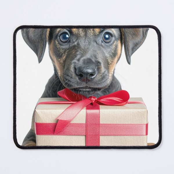 Item preview, Cute Puppy Holding Kraft Gift Box Sticker - Realistic Black and Tan Dog Portrait - Rustic Christmas Clipart Red Ribbon Bow Art designed and sold by WildGentlemen.