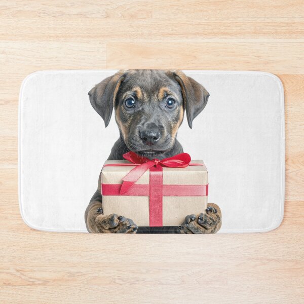 Item preview, Cute Puppy Holding Kraft Gift Box Sticker - Realistic Black and Tan Dog Portrait - Rustic Christmas Clipart Red Ribbon Bow Art designed and sold by WildGentlemen.