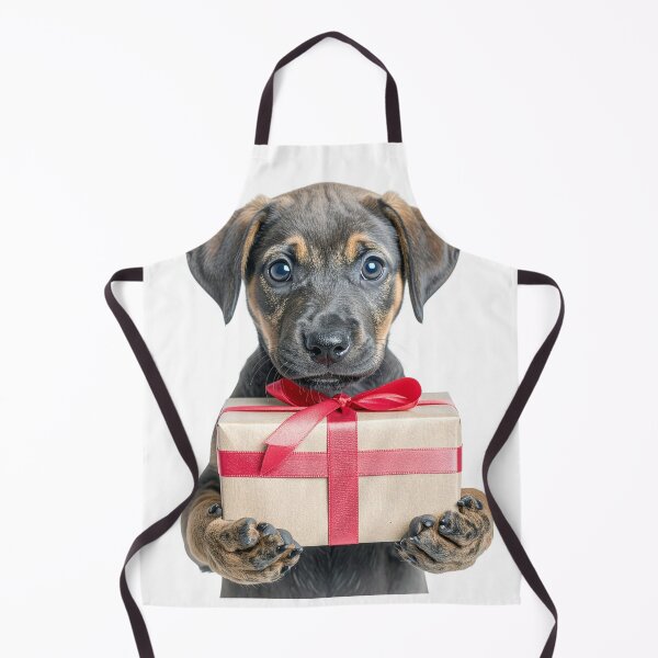 Item preview, Cute Puppy Holding Kraft Gift Box Sticker - Realistic Black and Tan Dog Portrait - Rustic Christmas Clipart Red Ribbon Bow Art designed and sold by WildGentlemen.