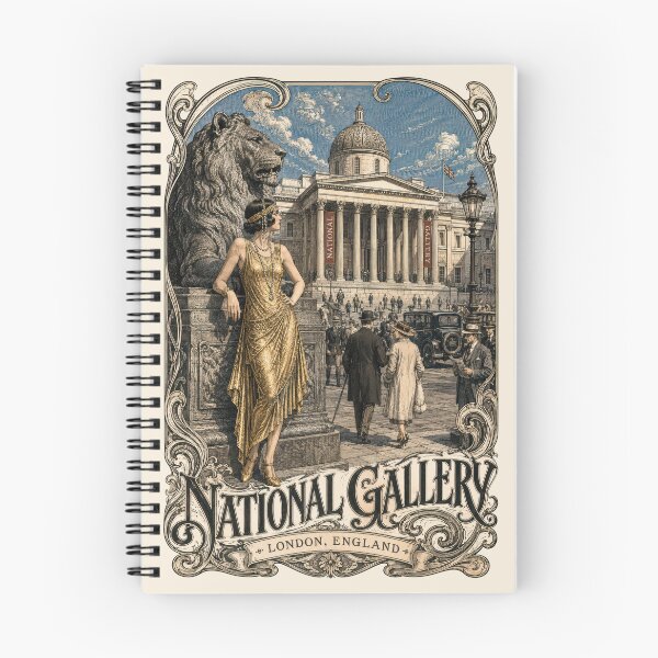 Item preview, National Gallery, London, England [Wood Engraving] — Flapper Standing by a Stone Lion in Trafalgar Square designed and sold by elektronen.