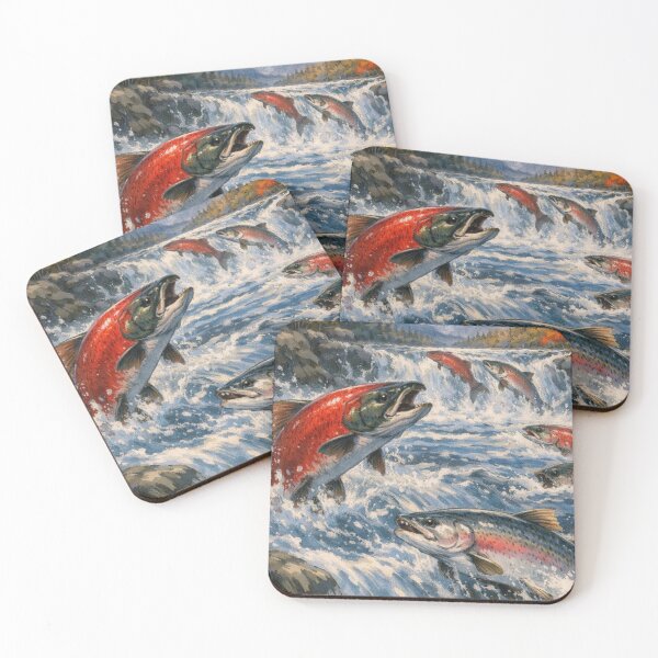 Item preview, Sockeye Salmon Running Waterfall Mountain Watercolor Art designed and sold by UhuCriei .
