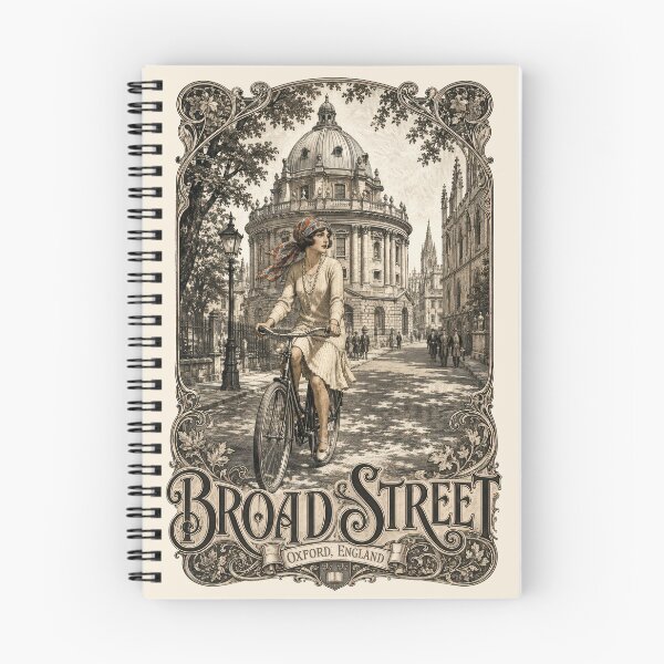 Item preview, Broad Street, Oxford, England [Wood Engraving] — Flapper Cycling Leisurely on a Vintage Bicycle Before the Radcliffe Camera Dome designed and sold by elektronen.
