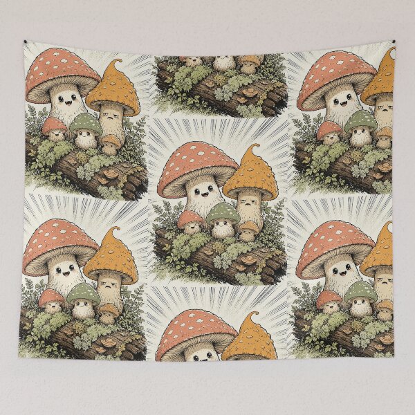 Item preview, Goblin forest, quirky mushroom family, whimsical fungi designed and sold by SilkBrushDreams.