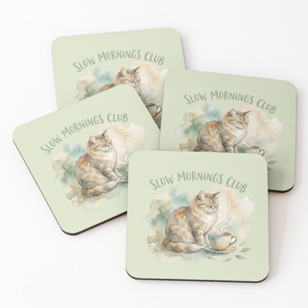 Item preview, Slow Mornings Club: Cozy Cat and Steaming Tea Watercolor designed and sold by GrabaHuk.
