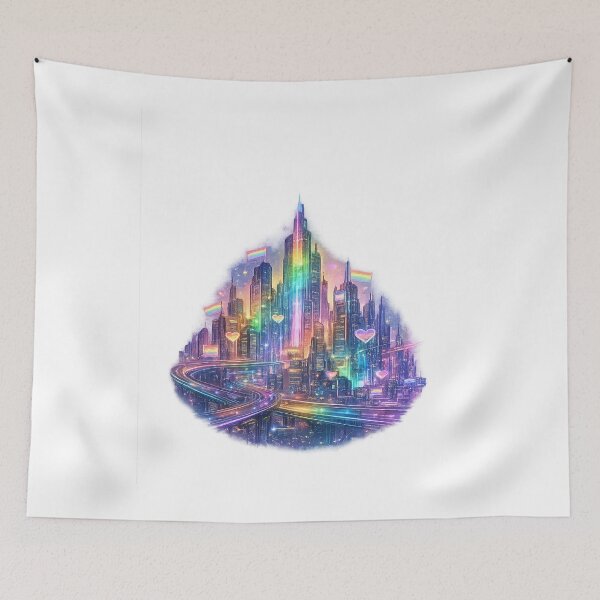 Item preview, LGBTQ Pride Rainbow Cyberpunk City Vaporwave Aesthetic Futuristic Skyline – Pride Month Gift designed and sold by ArtByTripti.