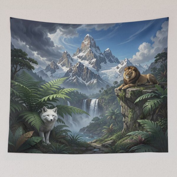 Item preview, Lion and Arctic Wolf in a United World of Forest, Waterfall and Mountain Harmony designed and sold by FotoworldEdel.
