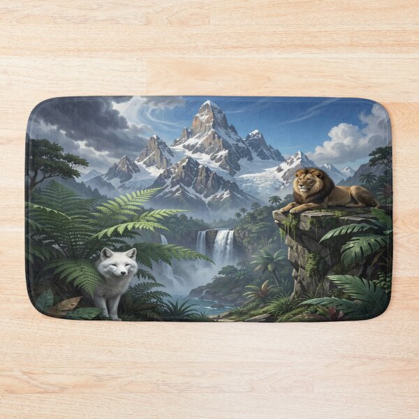 Item preview, Lion and Arctic Wolf in a United World of Forest, Waterfall and Mountain Harmony designed and sold by FotoworldEdel.