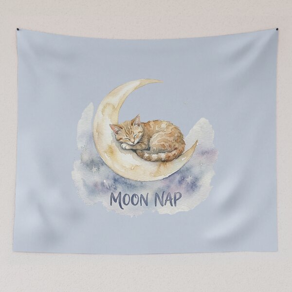 Item preview, Moon Nap: Sleeping Cat on a Crescent Moon Watercolor designed and sold by GrabaHuk.