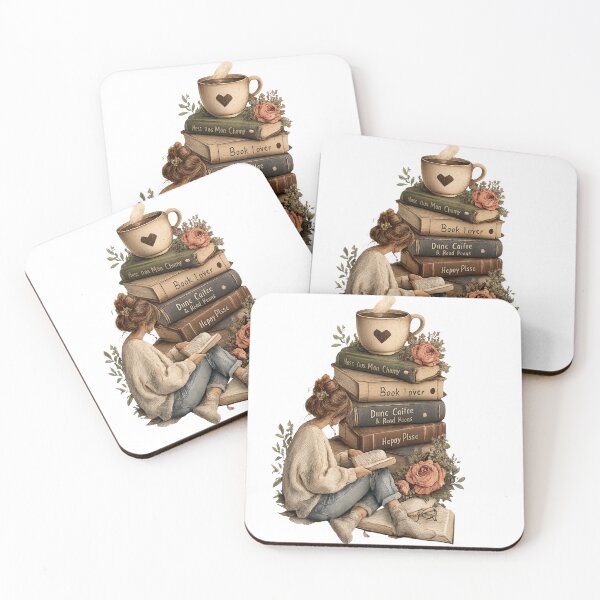 Item preview, Cozy Book Lover Reading with Coffee and Vintage Flower Books Stack designed and sold by Core design hub .