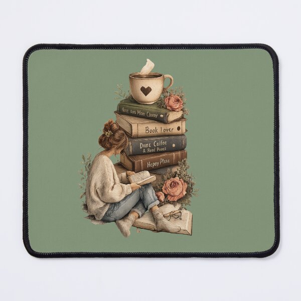 Item preview, Cozy Book Lover Reading with Coffee and Vintage Flower Books Stack designed and sold by Core design hub .
