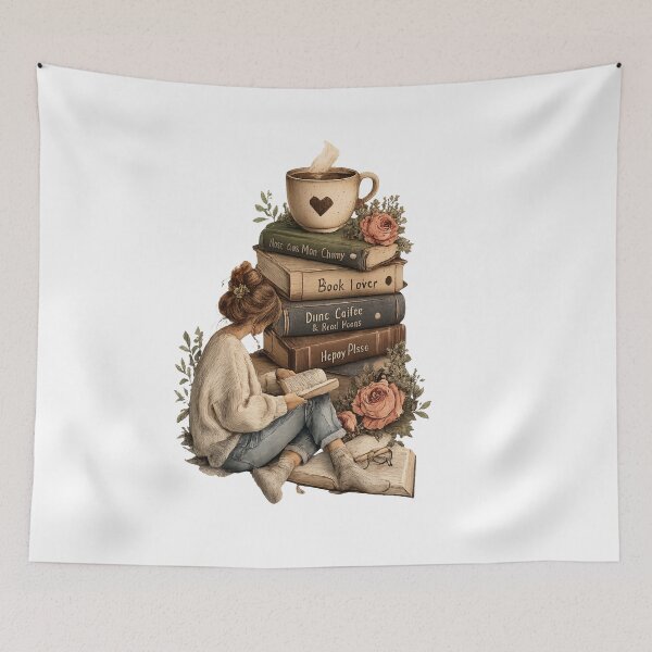 Item preview, Cozy Book Lover Reading with Coffee and Vintage Flower Books Stack designed and sold by Core design hub .