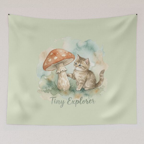Item preview, Tiny Explorer: Curious Kitten and Cottagecore Mushroom Watercolor designed and sold by GrabaHuk.