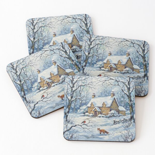 Item preview, Fox Robin Cottage Snowy English Countryside Winter Scene designed and sold by MeadowFarmPrint.