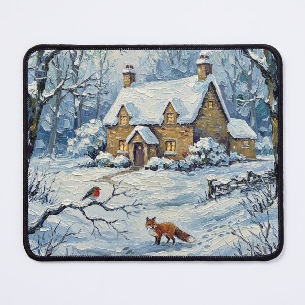 Item preview, Fox Robin Cottage Snowy English Countryside Winter Scene designed and sold by MeadowFarmPrint.