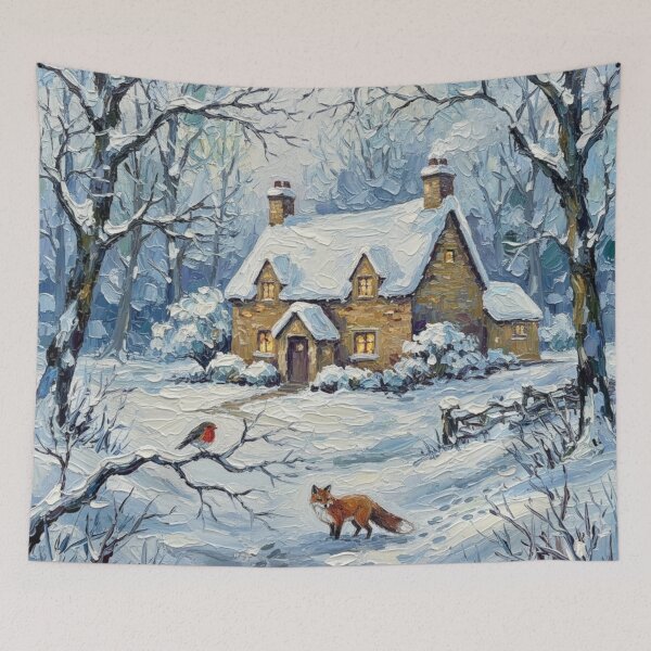 Item preview, Fox Robin Cottage Snowy English Countryside Winter Scene designed and sold by MeadowFarmPrint.