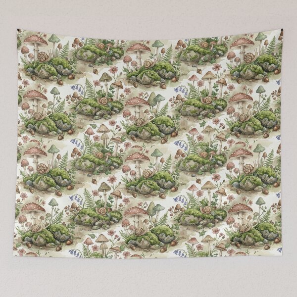 Item preview, Whimsical Forest Floor Pattern – Sage Green & Dusty Rose Mushroom Art designed and sold by OpenDreamArts.