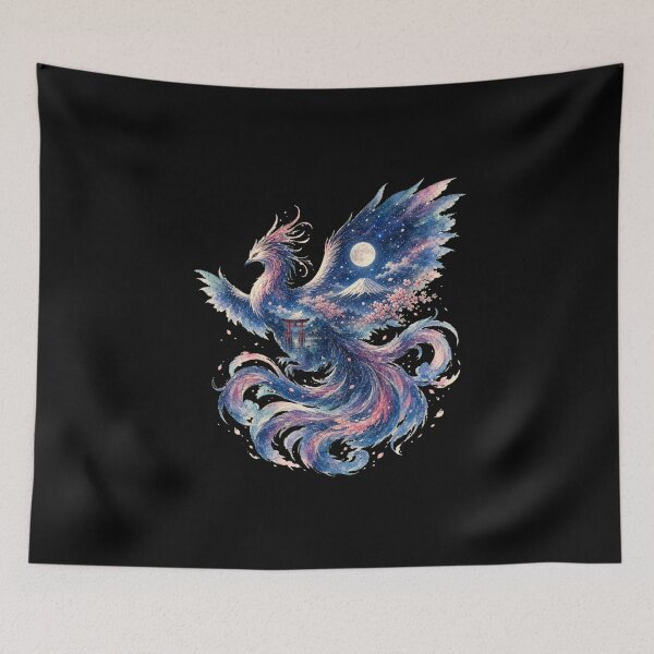 Item preview, Japanese Phoenix Watercolor Sakura Mt Fuji Torii Fantasy Art designed and sold by YokaiInk.