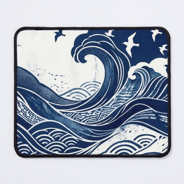 Item preview, Contemporary Aizome Indigo Waves & Chidori Birds  Description designed and sold by Hikariha Studio.