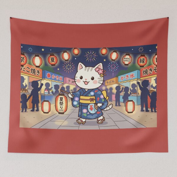Item preview, Cute Cat Enjoying a Traditional Japanese Summer Festival designed and sold by SakuraMarket26.