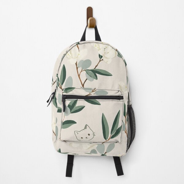 Item preview,  Floral Cat Backpack – Cute Botanical Cat Paw Print White Flower Green Leaf Pattern Aesthetic School Bag designed and sold by IconicDesignsXd.