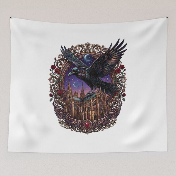 Item preview, Moonlit Raven Above Gothic Cathedral. designed and sold by HorrorInkStudio.