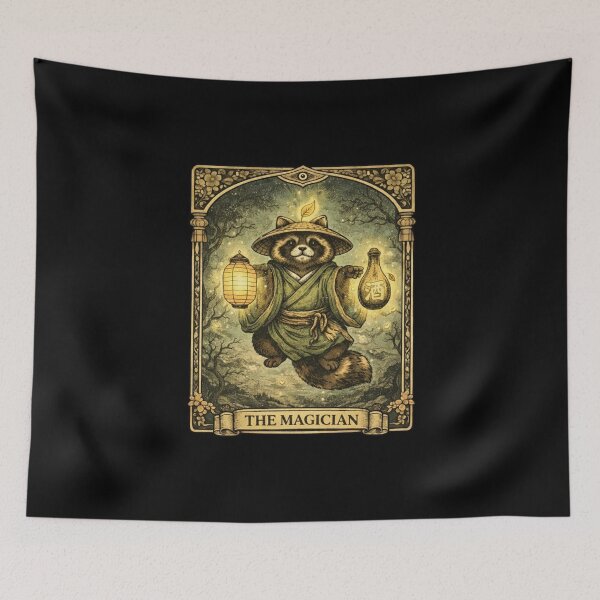 Item preview, The Magician Tarot Card Tanuki Yokai Raccoon Japanese Art designed and sold by YokaiInk.