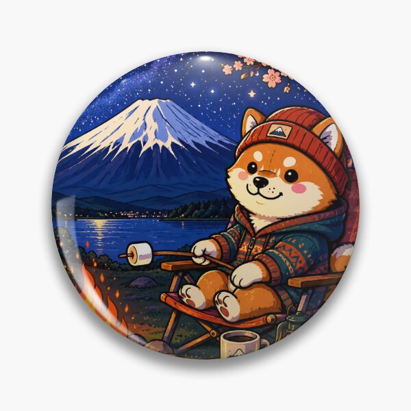 Item preview, Shiba Inu Camping at Mount Fuji - Kawaii Japanese Outdoor Adventure Sticker designed and sold by kawaii animal store (in Japan).