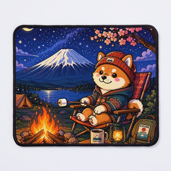 Item preview, Shiba Inu Camping at Mount Fuji - Kawaii Japanese Outdoor Adventure Sticker designed and sold by kawaii animal store (in Japan).