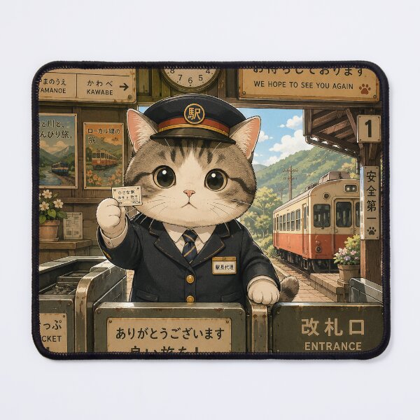 Item preview, Kawaii Japanese Stationmaster Cat – Retro Local Train Station Anime Sticker designed and sold by kawaii animal store (in Japan).