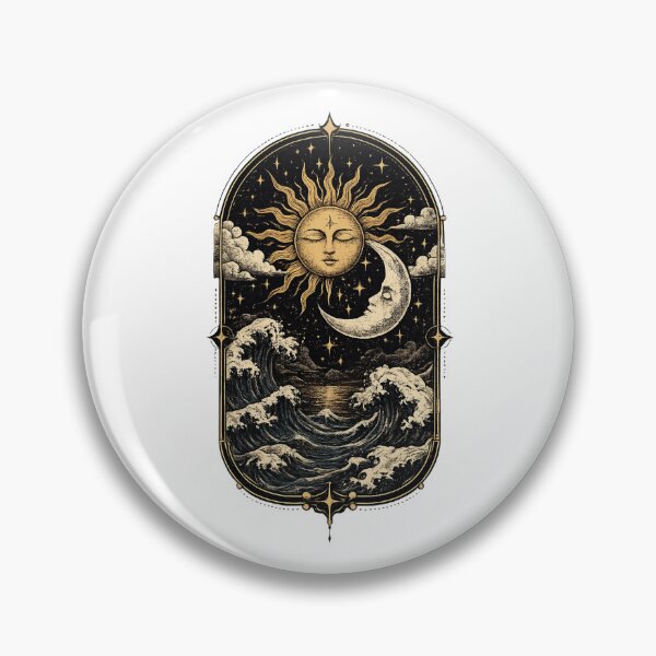 Item preview, Celestial Sun and Moon Ocean Waves Vintage Tattoo Design designed and sold by AndrewYoko.