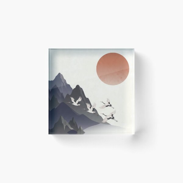 Item preview, Minimalist Wa-Modern Landscape: Red Sun, Cranes & Mountains designed and sold by Hikariha Studio.