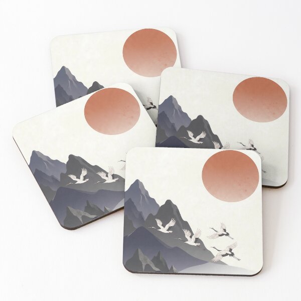 Item preview, Minimalist Wa-Modern Landscape: Red Sun, Cranes & Mountains designed and sold by Hikariha Studio.