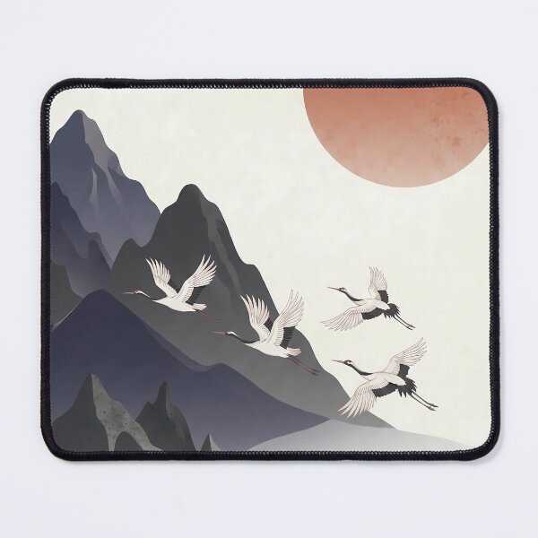 Item preview, Minimalist Wa-Modern Landscape: Red Sun, Cranes & Mountains designed and sold by Hikariha Studio.