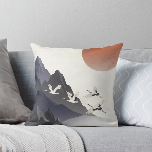Item preview, Minimalist Wa-Modern Landscape: Red Sun, Cranes & Mountains designed and sold by Hikariha Studio.