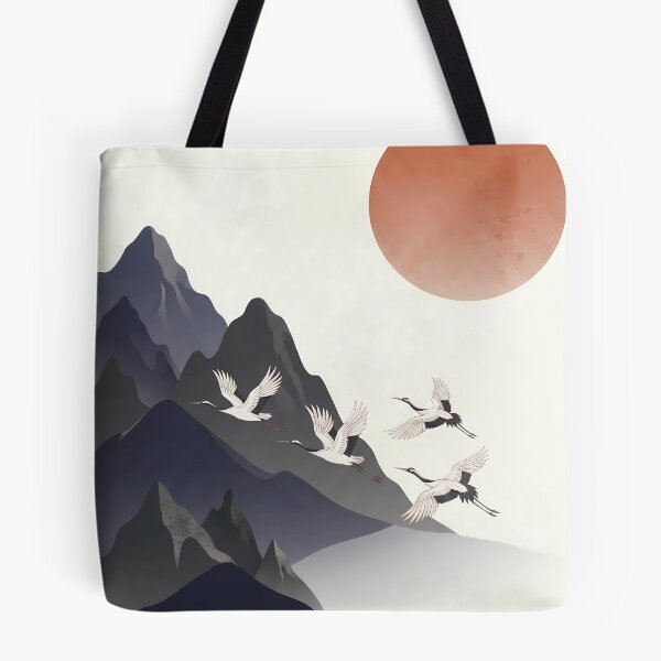 Item preview, Minimalist Wa-Modern Landscape: Red Sun, Cranes & Mountains designed and sold by Hikariha Studio.